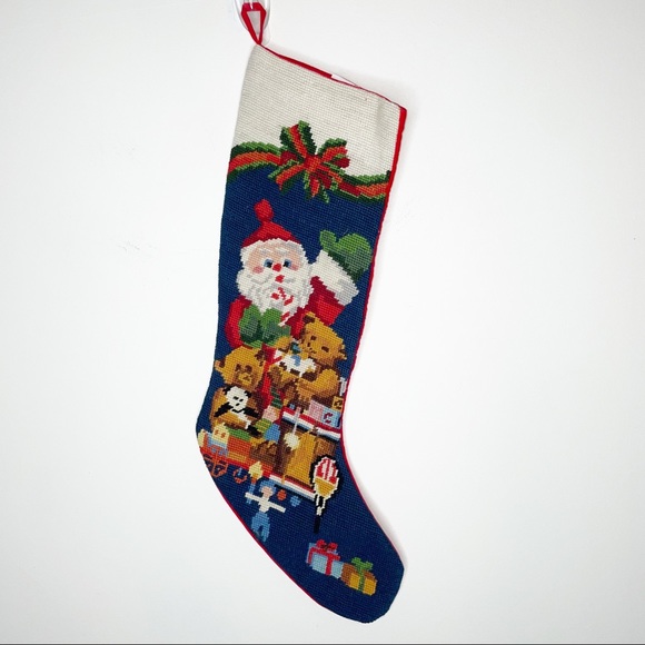 Vintage Christmas Stocking Santa Wool Needlepoint Cotton Backing - Picture 8 of 13
